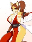  2019 3:4 anthro asian_clothing breasts brown_hair canid canine clothing east_asian_clothing female fox fur hair hi_res holding_fan looking_at_viewer mammal ponytail shio_inu simple_background smile solo tan_body tan_fur white_background 