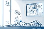  2021 anthro butt casual_nudity conditional_dnp dialogue door duo english_text felid female flora_(twokinds) fur hi_res human humor inside keidran lying male mammal meow monochrome nude on_front pantherine scratching sign sketch sound_effects striped_body striped_fur stripes text tiger tom_fischbach trace_legacy twokinds webcomic wet 