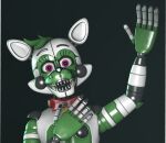  animatronic anthro bow_tie canid canine dinkydoo fan_character female five_nights_at_freddy&#039;s fox glistening glistening_body green_body green_hair hair locket machine mammal pink_eyes robot simple_background solo speaker video_games white_body 