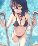  1girl ark_ford bikini black_bikini black_hair breasts enma-chan glasses hair_between_eyes highres hololive hololive_english ladder lifeguard looking_at_viewer medium_breasts multicolored_hair navel pool pool_ladder red_eyes red_hair semicircular_eyewear solo swimsuit two-tone_hair water 