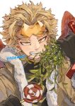  1boy artist_name biting black_gloves blonde_hair boku_no_hero_academia brown_jacket candy commentary earrings english_commentary facial_hair facial_mark feathered_wings food fur-trimmed_gloves fur-trimmed_jacket fur_trim gloves goggles goggles_on_head half-closed_eyes hawks_(boku_no_hero_academia) holding holding_candy holding_food holding_lollipop jacket jewelry kadeart lollipop looking_at_viewer making-of_available male_focus mistletoe orange_eyes procreate_(medium) red_wings reward_available short_hair simple_background solo stubble swirl_lollipop upper_body white_background wings yellow-tinted_eyewear 