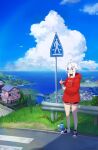  1girl ahoge black_shorts blue_eyes blue_sky bridge building choker cloud crosswalk day english_commentary hair_ornament hairclip highres hood hood_down hoodie long_sleeves luna_(unsomnus) ocean original outdoors pointy_ears red_hoodie road_sign shorts sidelocks sign sky unsomnus white_hair 