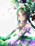  1girl absurdres agura_dou akimoto_komachi arm_warmers bare_shoulders brooch butterfly_hair_ornament collarbone cure_mint dress green_eyes green_hair hair_ornament highres jewelry leaf long_hair looking_at_viewer magical_girl parted_lips precure signature solo symbol_commentary tree_branch twintails upper_body white_background white_dress white_sleeves yes!_precure_5 