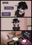  anthro blue_body blue_fur chair clothing comic comic_page comic_panel digitigrade door female fur furniture hi_res mammal procyonid raccoon ryder_(striped_sins) shirt shocked solo striped_sins striped_tail stripes t-shirt text topwear url willitfit worried 