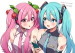  2girls :d :o amagi_shino aqua_eyes aqua_hair aqua_nails aqua_neckwear artist_name bare_shoulders black_sleeves blush cellphone cherry_hair_ornament collarbone commentary detached_sleeves dual_persona food_themed_hair_ornament grey_shirt hair_ornament hatsune_miku headphones headset highres holding holding_phone leaf long_hair looking_at_another multiple_girls nail_polish necktie open_mouth phone pink_eyes pink_hair pink_neckwear pink_sleeves sakura_miku shirt shoulder_blush shoulder_tattoo side-by-side sleeveless sleeveless_shirt smartphone smile tattoo translated twintails upper_body very_long_hair vocaloid white_background 