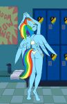  2021 back_cracking blue_body bottomwear bra butt clothing equid equine female friendship_is_magic hair hasbro hi_res horse locker locker_room mammal midriff multicolored_hair multicolored_tail my_little_pony panties pegasus pony ponytail poster rainbow_dash_(mlp) rainbow_hair rainbow_tail solo stretching sufficient_(artist) towel underwear wings wonderbolts_(mlp) 