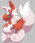  2021 anthro belly blood blue_eyes bodily_fluids fur hi_res kemono nintendo overweight pok&eacute;mon pok&eacute;mon_(species) red_body red_fur scar si_ra_ta_ma3 simple_background solo video_games white_body white_fur zangoose 