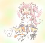  1girl alternate_costume alternate_hairstyle angel_wings animal animal_ear_fluff animal_ears blush blush_stickers cat cat_ears cat_girl cat_tail chibi detached_wings dress dress_lift gloves kaname_madoka long_hair mahou_shoujo_madoka_magica open_mouth pink_hair running short_twintails solo standing tail twintails ultimate_madoka umiroku white_dress white_gloves wings |_| 
