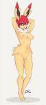  2020 anthro anthrofied breasts drakeraynier eeveelution female full-length_portrait fur genitals hair hands_behind_head hi_res jolteon looking_at_viewer navel neck_tuft nintendo nipples nude open_mouth pok&eacute;mon pok&eacute;mon_(species) pok&eacute;morph portrait purple_eyes pussy red_hair signature simple_background solo standing tuft video_games white_background white_body white_fur yellow_body yellow_fur 