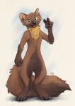  2021 5_fingers 5_toes anthro brown_body brown_fur chest_tuft claws featureless_crotch feet finger_claws fingers fluffy fluffy_tail full-length_portrait fur gesture hi_res inner_ear_fluff kebi kebi_(character) looking_at_viewer mammal marten mustelid musteline notched_ear nude open_mouth open_smile pawpads pine_marten portrait signature simple_background smile solo standing toe_claws toes tuft v_sign white_background 