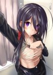  1girl absurdres ariake_(kancolle) bangs black_hair black_jacket black_skirt blazer breasts cleavage cowboy_shot dressing_room grey_shirt hair_over_one_eye highres jacket kantai_collection lifted_by_self long_hair long_sleeves looking_at_viewer low_ponytail medium_breasts mouth_hold purple_eyes sarashi selfie shiba_(zudha) shirt shirt_lift skirt solo 