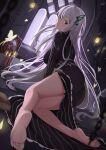  1girl bare_legs barefoot black_capelet black_dress breasts bug butterfly butterfly_hair_ornament capelet dress echidna_(re:zero) feet frilled_dress frills glowing_butterfly green_butterfly hair_ornament highres insect large_breasts long_hair long_sleeves looking_at_viewer looking_back nev_(nevblindarts) re:zero_kara_hajimeru_isekai_seikatsu silver_hair soles striped toes vertical-striped_dress vertical_stripes very_long_hair white_eyelashes 