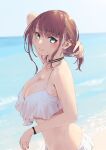  1girl bangs beach bikini blush bracelet breasts brown_hair choker ear_piercing earrings ears eyebrows_visible_through_hair fingernails green_eyes hand_up holding holding_hair jewelry jonsun large_breasts long_hair medium_hair mole ocean original piercing smile solo standing swimsuit waves white_bikini 