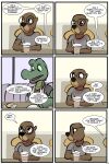  alligatorid angie_(study_partners) anthro beaver brown_body brown_fur clothed clothing comic crocodilian duo english_text eyewear female food fur glasses green_body green_scales hi_res lisa_(study_partners) mammal reptile rodent scales scalie study_partners text thunderouserections young 