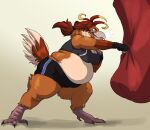  2018 4_toes anthro avian beak belly big_belly big_breasts biped bird bird_feet black_claws blue_eyes bottomwear boxing breasts brown_body brown_feathers chicken claws cleavage clothed clothing curvy_figure digital_media_(artwork) exercise feathers feet female galliform gallus_(genus) gloves grey_beak gym_bottomwear gym_clothing gym_shorts handwear hi_res leaning leaning_forward love_handles luciellia midriff multicolored_body multicolored_feathers non-mammal_breasts overweight overweight_anthro overweight_female phasianid punch punching_bag scutes shadow shirt shorts side_view simple_background skimpy smile solo sport standing tail_feathers tan_body tan_feathers tank_top thick_thighs toe_claws toes topwear voluptuous wide_hips workout ysabelle 