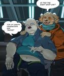  2020 absurd_res anthro bottomwear bulge canid canine canis clothing cu_sith_(tas) detailed_background domestic_dog duo eruprior eyes_closed fur hi_res leib_(tas) male mammal overweight overweight_male pants polar_bear shirt sitting tokyo_afterschool_summoners topwear ursid ursine video_games white_body white_fur 