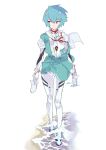  1girl ayanami_rei bangs blue_hair bodysuit_under_clothes collared_shirt dated evangelion:_3.0+1.0_thrice_upon_a_time eyebrows_visible_through_hair highres holding holding_clothes holding_footwear interface_headset looking_to_the_side neon_genesis_evangelion ontama plugsuit rebuild_of_evangelion red_eyes school_uniform shirt shore short_hair signature skirt solo suspender_skirt suspenders walking water white_footwear white_shirt 