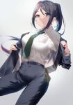  1girl absurdres belt black_jacket black_pants blue_eyes breasts dark_blue_hair formal green_neckwear highres jacket long_hair long_sleeves looking_at_viewer love_live! love_live!_sunshine!! matsuura_kanan medium_breasts necktie open_clothes open_jacket pants shirt solo suit white_shirt yamaori_(yamaorimon) 