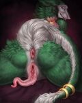  abstract_background anthro anus blue_eyes bodily_fluids butt clitoral_hood female fur genital_fluids genitals green_body green_fur half-closed_eyes hi_res himeragoldtail jewelry narrowed_eyes prehensile_clitoral_hood presenting presenting_hindquarters pussy pussy_juice sergal smile smirk solo tail_aside tail_jewelry tail_ring white_body white_fur zelenka_(mr.edoesart) 