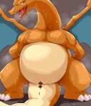  2021 anthro anus bodily_fluids censored charizard genitals hi_res kemono male nintendo orange_body overweight overweight_anthro overweight_male penis pok&eacute;mon pok&eacute;mon_(species) slit solo sweat video_games wanisuke 