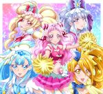  5girls :d arm_strap blonde_hair blue_eyes blue_hair blue_headwear border bow bowtie breasts covered_nipples cowboy_shot crop_top cure_amour cure_ange cure_etoile cure_macherie cure_yell diadem double_bun earrings eyelashes floating_hair hair_bow hair_ornament hair_ribbon hanzou hat hugtto!_precure jewelry layered_skirt long_hair looking_at_viewer medium_breasts midriff mini_hat miniskirt multiple_girls navel open_mouth pink_eyes pink_hair pink_skirt pleated_skirt pom_poms precure purple_bow purple_eyes red_bow red_eyes red_neckwear red_ribbon ribbon shiny shiny_hair silver_hair skirt smile standing star_(symbol) star_hair_ornament stomach thighhighs twintails very_long_hair white_border white_legwear yellow_eyes 
