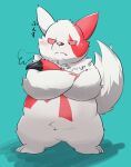  2021 anthro biped blue_background blush fur hi_res japanese_text kemono kipchin_2nd00 nintendo overweight pok&eacute;mon pok&eacute;mon_(species) red_body red_fur simple_background solo text video_games white_body white_fur zangoose 