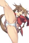  1girl ass breasts brown_eyes brown_hair butt_crack china_dress chinese_clothes detached_sleeves dress from_above guilty_gear guilty_gear_xx hair_between_eyes hair_ornament highres kicking kuma_(jk0073) kuradoberi_jam large_breasts long_hair looking_at_viewer navel panties simple_background skirt solo standing standing_on_one_leg thick_thighs thighs underwear upskirt white_background white_panties wide_sleeves 