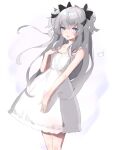  1girl :d absurdres bangs bare_arms bare_shoulders black_bow blue_eyes bow collarbone commentary_request dress eyebrows_visible_through_hair grey_hair hair_between_eyes hair_bow hand_up highres indie_virtual_youtuber looking_at_viewer open_mouth retorillo shanoa_(vtuber) sleeveless sleeveless_dress smile solo standing two_side_up virtual_youtuber white_dress 