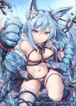  1girl akkijin animal_ear_fluff animal_ears armpits bandaged_leg bandages bare_shoulders blue_hair breaking breasts broken broken_chain chain fenrir_(shinkai_no_valkyrie) gloves highres large_tail long_hair looking_at_viewer medium_breasts motion_blur navel official_art paw_gloves paws revealing_clothes shinkai_no_valkyrie smile solo stomach tail thigh_strap thighs v-shaped_eyebrows very_long_hair wolf_ears wolf_tail yellow_eyes 
