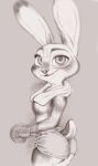  absurd_res anthro blood bodily_fluids bottomwear boxing_gloves breasts clothed clothing convenient_censorship covered_nipples dipstick_ears disney female fuchs handwear hi_res judy_hopps lagomorph leporid looking_at_viewer mammal monochrome multicolored_ears nosebleed rabbit shorts side_view simple_background sketch solo sweat sweatdrop topless towel towel_around_neck traditional_media_(artwork) zootopia 