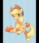  2015 apple applejack_(mlp) blackeevee blonde_hair blush clothing cutie_mark earth_pony equid equine female feral food friendship_is_magic fruit green_eyes hair hat headgear headwear horse long_hair mammal my_little_pony one_eye_closed plant pony sitting smile solo teeth wink 