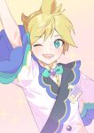  1boy aqua_eyes arm_up badge blonde_hair bow bowtie commentary ground_vehicle jacket kagamine_len male_focus naoko_(naonocoto) one_eye_closed open_mouth project_sekai short_ponytail smile solo sparkle spiked_hair train uniform vocaloid white_jacket 