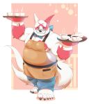  2021 absurd_res anthro aotoaka apron beverage black_nose bottomwear clothing coffee cup eyewear fur glasses hi_res humanoid_hands male nintendo one_eye_closed overweight overweight_anthro overweight_male pants pok&eacute;mon pok&eacute;mon_(species) red_body red_fur solo video_games white_body white_fur wink zangoose 