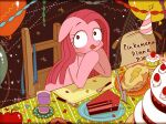  2013 apple balloon cake chair cup dessert earth_pony english_text equid equine female food friendship_is_magic fruit furniture hair horse long_hair mammal my_little_pony pink_hair pinkamena_(mlp) pinkie_pie_(mlp) plant pony sitting solo table text tongue tongue_out umeguru 