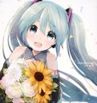  1girl 2018 :d bangs black_sleeves blue_eyes blue_hair bouquet collared_shirt dated detached_sleeves ebi_(yzpiyo039) floating_hair flower grey_shirt hair_between_eyes happy_birthday hatsune_miku headphones headset holding holding_bouquet long_hair looking_at_viewer microphone open_mouth shiny shiny_hair shirt sleeveless sleeveless_shirt smile solo sunflower upper_body very_long_hair vocaloid white_background white_flower wing_collar yellow_flower 