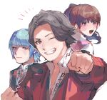  1girl 2boys arm_up asuna_(ryusoulger) bangs blue_hair blush brown_eyes brown_hair chikichi clenched_hands closed_mouth collared_shirt commentary_request eyebrows_visible_through_hair from_behind grey_eyes grin hand_up happy jacket kishiryu_sentai_ryusoulger koh_(ryusoulger) long_hair long_sleeves looking_at_viewer looking_back melt_(ryusoulger) multiple_boys notice_lines one_eye_closed outline outstretched_arm pink_vest ponytail purple_eyes red_jacket shirt short_hair sidelocks simple_background sketch smile teeth tied_hair tongue upper_body v-shaped_eyebrows vest white_background white_outline white_shirt 