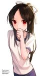  1girl artist_name black_hair blue_shorts commentary covering_mouth facebook_username gym_uniform hair_ribbon hand_to_own_mouth kaguya-sama_wa_kokurasetai_~tensai-tachi_no_renai_zunousen~ light_blush long_hair looking_at_viewer parted_hair pixiv_id q-chiang red_eyes ribbon shinomiya_kaguya shirt shorts simple_background solo t-shirt upper_body very_long_hair white_background white_ribbon white_shirt 