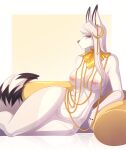  abs chain choker crescent_moon curvy_figure ear_piercing female fluffy fluffy_tail fur gem gold_chain hair hi_res jewelry knight_dd long_ears long_hair looking_at_viewer lying moon necklace neckwear nipples nude on_side piercing simple_background slim solo striped_tail stripes thick_thighs white_body white_fur white_hair yellow_eyes 