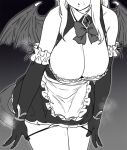  1girl apron areola_slip areolae bare_shoulders bow breasts brooch bustier cattleya_(houtengeki) cleavage collared_dress demon_girl demon_tail demon_wings elbow_gloves frilled_gloves frills gloves gradient gradient_background grey_background greyscale head_out_of_frame houtengeki huge_breasts jewelry lace lace_trim leaning leaning_forward long_hair maid monochrome original panties panty_pull parted_lips pulled_by_self ribbon solo steam string_panties sweat tail underbust underwear undressing waist_apron white_background wings 