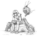  1girl armor backpack bag bangs black_hair boots bowl closed_mouth commentary ed-e energy_gun english_commentary fallout_(series) fallout_new_vegas fingerless_gloves flask floating gloves grass greyscale ground gun helmet holding holding_bowl knee_pads laser_rifle levitation lineart looking_down mcnostril monochrome pants robot shirt short_hair short_sleeves shoulder_armor simple_background sitting_on_rock solo weapon white_background 