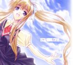  1girl :d air bangs blonde_hair blouse blue_dress blue_eyes blush cloud collared_blouse commentary_request cowboy_shot cross day dress dutch_angle eyebrows_visible_through_hair hair_ribbon kamio_misuzu long_hair looking_at_viewer morino_kiriko necktie open_mouth outstretched_arms ponytail puffy_short_sleeves puffy_sleeves red_neckwear ribbon short_sleeves sky smile solo spread_arms very_long_hair white_blouse white_ribbon 