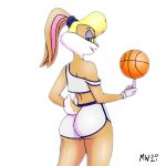  2021 absurd_res accessory anthro ball basketball basketball_(ball) basketball_shorts basketball_uniform big_butt blonde_hair bottomwear butt clothed clothing female fur gloves green_eyes hair hair_accessory hairband handwear hi_res hotpants lagomorph leporid lipstick lola_bunny looking_at_viewer looking_back looney_tunes makeup mammal midriff mudwatch off_shoulder open_mouth rabbit rear_view scut_tail shirt shorts signature simple_background skimpy smiling_at_viewer solo space_jam sportswear tan_body tan_fur tank_top topwear uniform warner_brothers white_background wide_hips 