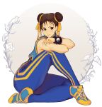  1girl brown_hair chun-li double_bun eyeliner full_body grey_eyes hair_ribbon highres jivke leg_up lips makeup official_alternate_costume ribbon shoes signature sitting sleeveless sneakers solo street_fighter street_fighter_zero_(series) striped studded_bracelet thick_thighs thighs unitard vertical_stripes yellow_footwear yellow_ribbon 