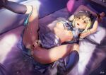  1girl after_sex bangs bar_censor bed_sheet black_bow blonde_hair blue_bra blue_legwear blue_panties blush bound bow bra bracelet breasts censored cum cum_in_pussy drooling eyebrows_visible_through_hair hair_bow heart heart_pillow highres idolmaster jewelry killy_doodle kneehighs legs_up lying medium_breasts mole mole_under_eye nipples on_back open_bra open_mouth overflow panties panties_around_one_leg pillow pleated_skirt purple_neckwear pussy shiika_(idolmaster) shirt shirt_lift short_hair short_sleeves signature skirt skirt_lift solo spread_legs stained_sheets tears tied_up tongue tongue_out underwear white_shirt white_skirt yellow_eyes 