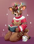  anthro book capreoline cervid christmas christmas_lights clothing cup facial_piercing fleurfurr hi_res holidays male mammal nose_piercing nose_ring piercing reindeer solo sweater topwear 
