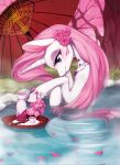  2015 accessory ciciya duo equid equine eyeshadow female feral flower flower_in_hair grass hair hair_accessory hasbro horn hot_spring long_hair makeup mammal my_little_pony onsen partially_submerged pink_hair plant tree umbrella unicorn water 