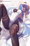  1girl black_legwear blue_hair blush breasts closed_mouth covered_nipples ganyu_(genshin_impact) genshin_impact goat_horns horns large_breasts long_hair looking_at_viewer lying nanoless on_back one-piece_swimsuit patreon_username purple_eyes smile solo swimsuit very_long_hair 