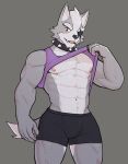  2021 abs anthro biceps bottomwear bulge canid canine canis chest_tuft claws clothed clothing clothing_lift collar eye_patch eyewear fangs finger_claws fur grey_background grey_body grey_fur hi_res jrjresq male mammal muscular muscular_anthro muscular_male nintendo nipples open_mouth pecs portrait purple_clothing purple_shirt purple_tank_top purple_topwear quads red_eyes sharp_teeth shirt shirt_lift shorts simple_background solo spiked_collar spikes standing star_fox tank_top teeth three-quarter_portrait tongue topwear triceps tuft video_games wolf wolf_o&#039;donnell 
