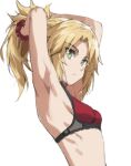  1girl armpits arms_behind_head arms_up bangs blonde_hair bra braid breasts fate/apocrypha fate_(series) french_braid green_eyes hair_ornament hair_scrunchie highres long_hair looking_at_viewer mordred_(fate) mordred_(fate)_(all) parted_bangs ponytail red_bra scrunchie sidelocks small_breasts tonee tying_hair underwear 