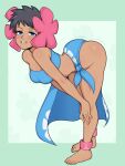  1girl afrobull anklet ass bangs bare_arms barefoot bent_over biting black_hair blue_eyes blue_sarong blush breasts dark_skin dark_skinned_female elite_four eyelashes flower full_body hair_flower hair_ornament hand_on_own_knee highres jewelry lip_biting looking_at_viewer phoebe_(pokemon) pink_anklet pokemon pokemon_(game) pokemon_oras print_sarong sarong short_hair solo tagme toes 